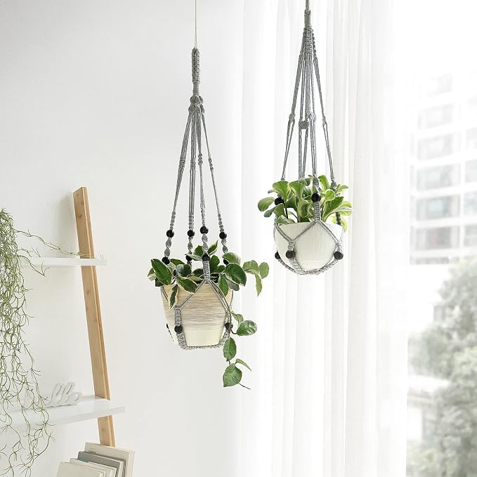 Mkono Macrame Plant Hanger Indoor 35 Inch Hanging Planter Basket Grey 2Pc | - Image 2