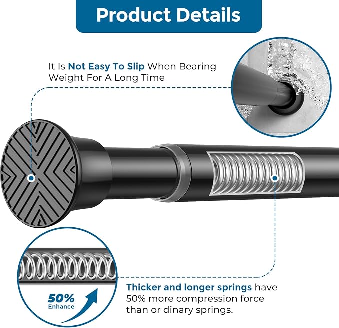 AIZESI 2Pcs Black Adjustable Tension Curtain Rod, 31-63 Inch Spring No Drill - Image 2