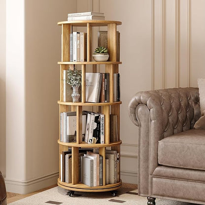 IUNVR Rotating Bookshelf, 4 Tier Solid Wood Bookshelf Tower by IUNVR