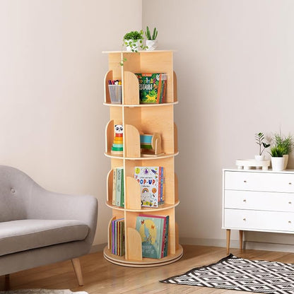 OOOK 4-Tier Rotating Bookshelf Tower, 360°Display Wooden Spinning Bookcase | - Image 2