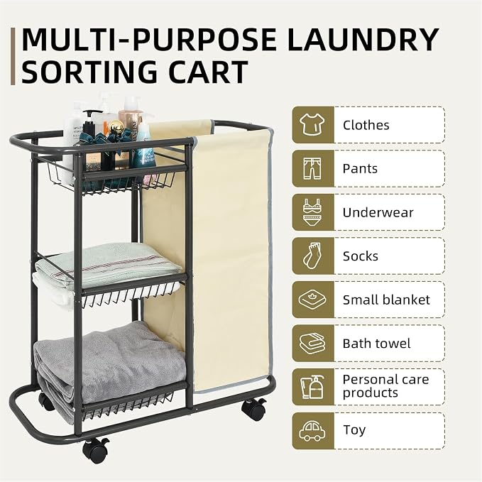 Rolling Laundry Basket with 3 Storage Baskets and 45 L Bag, Heavy Duty Laundry - Image 4