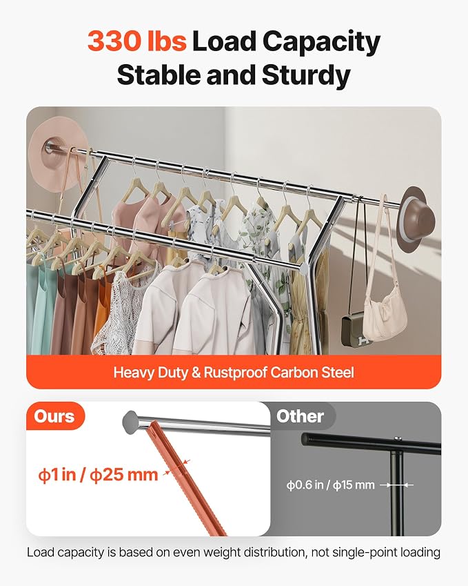 VEVOR Clothes Rack, Rolling Clothing Garment Rack, Extendable Carbon Steel - Image 4