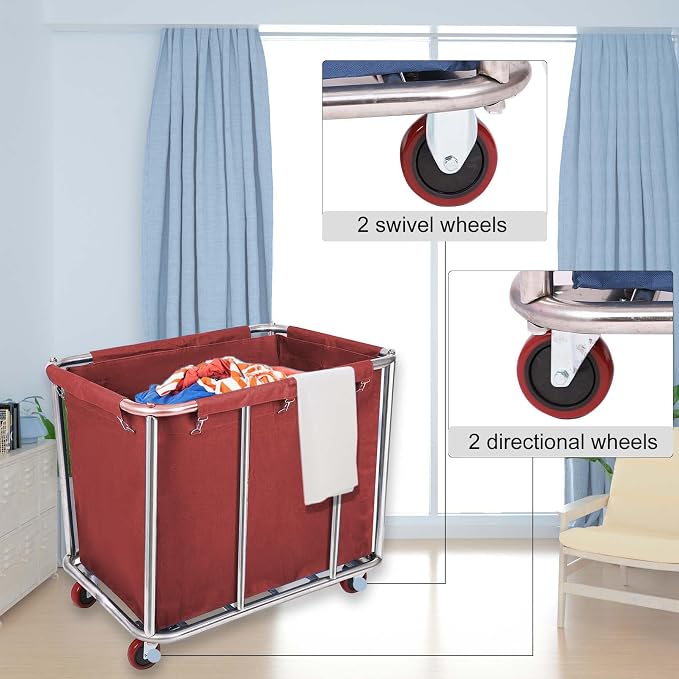 10 Bushels Laundry Cart Commercial/Home, Heavy Duty Large Stainless Steel - Image 2
