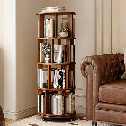 Rotating Bookshelf, 4 Tier Solid Wood Bookshelf Tower by IUNVR