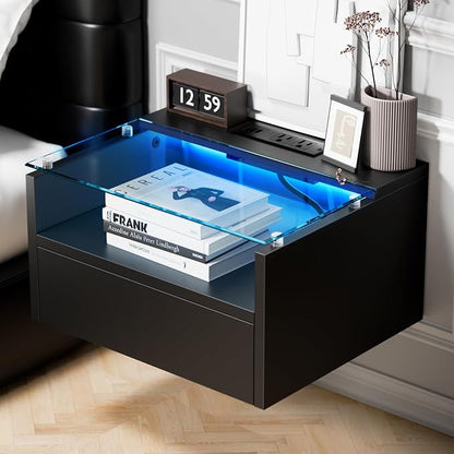 Loomie Black Floating Nightstands Set of 2, 18.9” Bedside Table w/Charging - Image 9