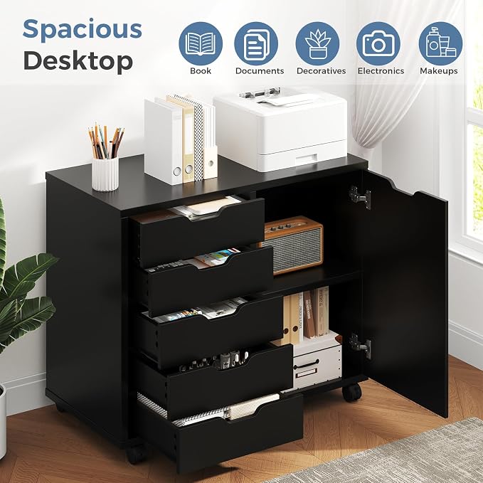 DUMOS 5-Drawer Mobile File Cabinet, Wooden Printer Stand - Image 4