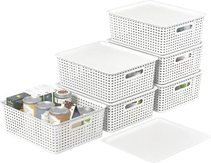 6 Pack Stackable Lidded Storage Baskets, Plastic Woven Baskets - Image 7