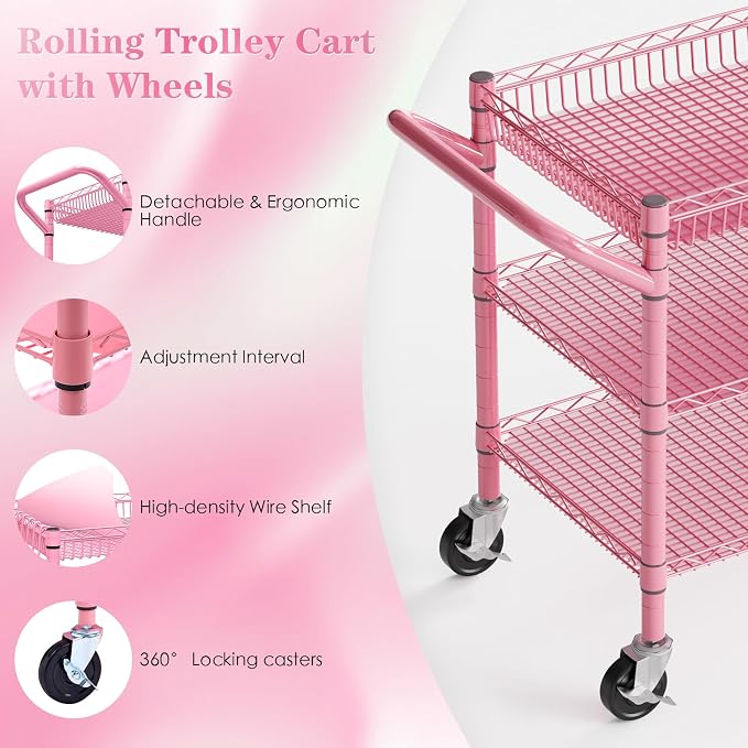 NTE Utility Cart with Wheels, 990lbs Capacity Metal 3 Tier Rolling Carts - Image 7