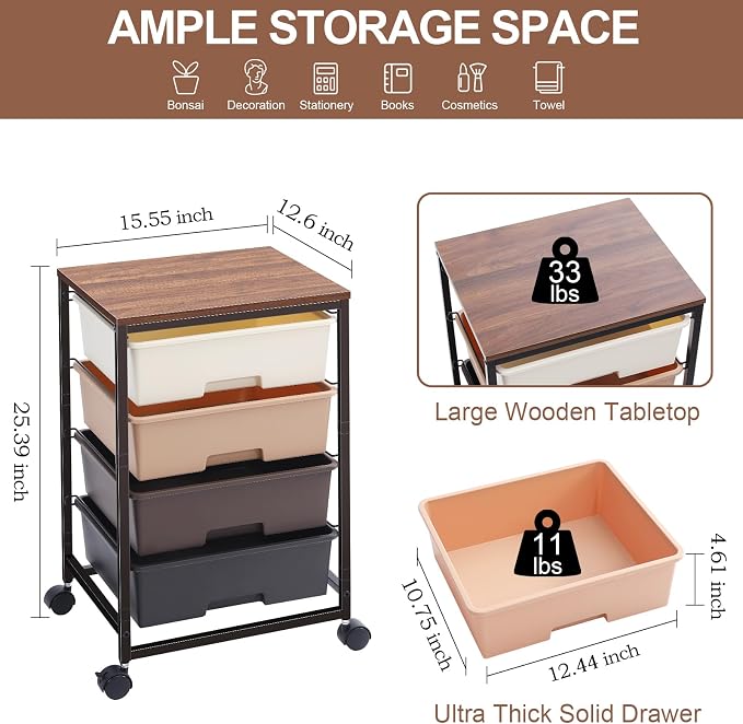 Utility Cart with 4 Drawers, Rolling Storage Cart with Drawers, Storage Rolling - Image 3