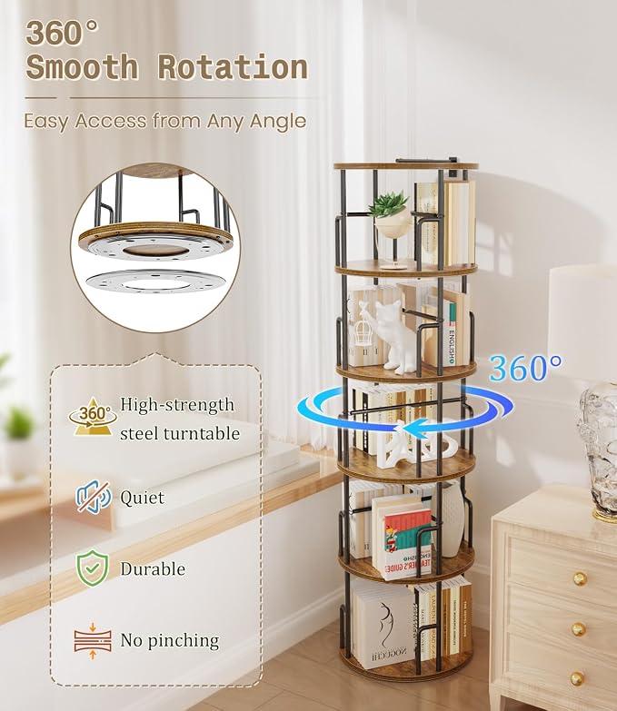 5 Tier Rotating Bookshelf Tower Round, Tall Floor Standing Spinning Bookshelf - Image 3