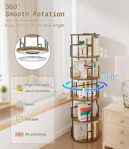 5 Tier Rotating Bookshelf Tower Round, Tall Floor Standing Spinning Bookshelf - Image 3