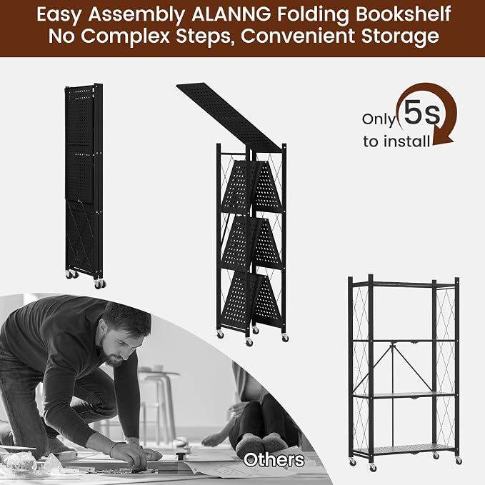 ALANNG 4 Tier Folding Storage Shelf on Wheels, Heavy Duty Metal Rolling Cart | - Image 7