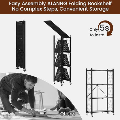ALANNG 4 Tier Folding Storage Shelf on Wheels, Heavy Duty Metal Rolling Cart | - Image 7