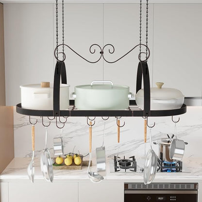 Hanging Pot Rack Ceiling Mount, Oval Pot and Pan Storage Rack, Decorative - Image 2