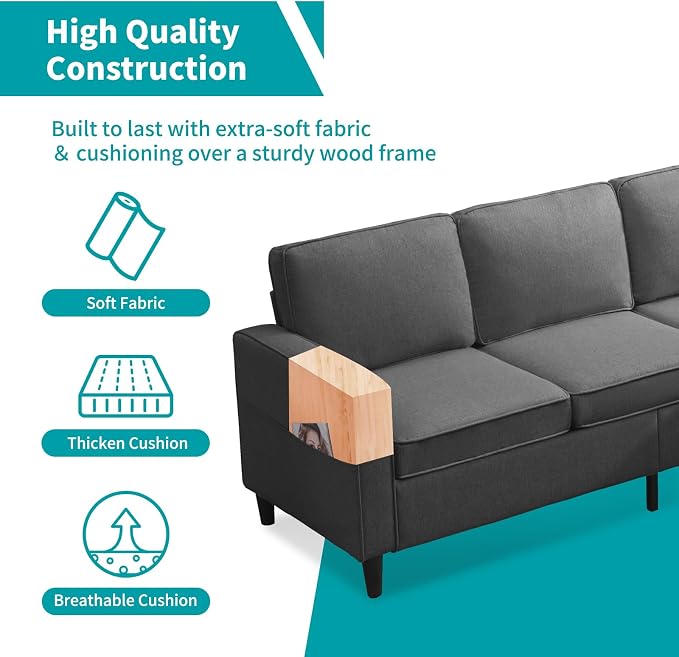 BALUS 78" W Sectional Couches for Living Room, Linen Fabric Sofa - Image 3