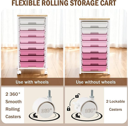 Rolling Cart with 8 Drawers, Storage Drawers Cart with Wooden Tabletop and - Image 6
