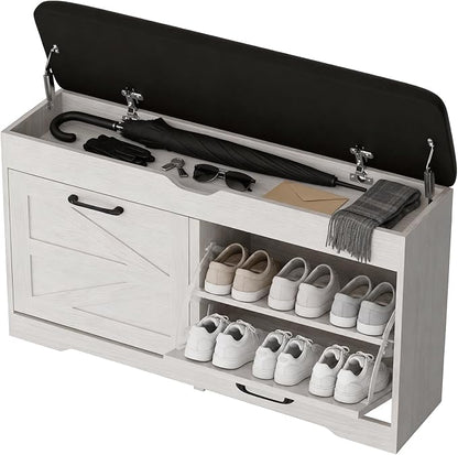 39" Shoe Storage Bench with Seat Cushion, Ash White | 8-Pair Shoe Capacity by Unknown