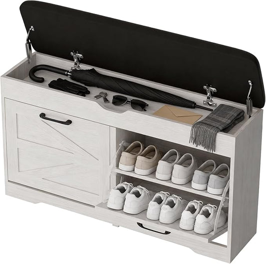 39" Shoe Storage Bench with Seat Cushion, Ash White | 8-Pair Shoe Capacity by Unknown