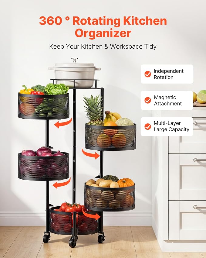VEVOR Rotating Storage Rack Cart, 5 Tier Fruit and Vegetable Basket Bowls - Image 2