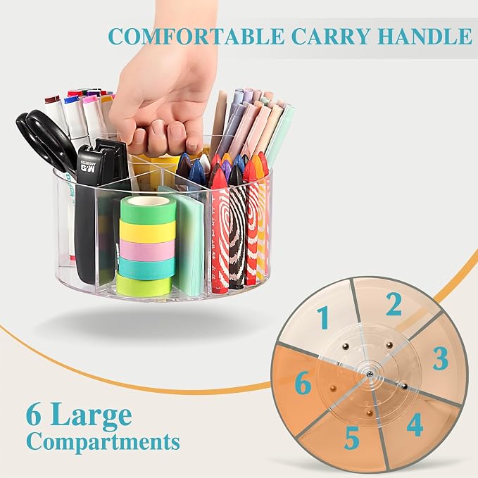 Large Acrylic Pen Holder for Desk, 6 Slots 360-Degree Rotating Pencil Holder - Image 3
