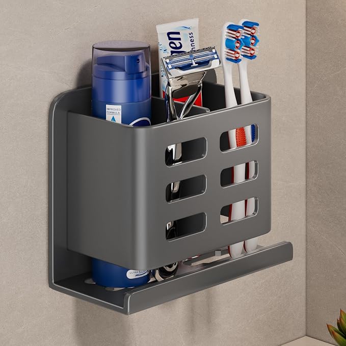 Grey Wall-Mounted Toothbrush Holder, Aluminum Material Shower Shaver Storage by Unknown