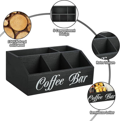 Coffee Bar Accessories Organizer 5 Compartment Wood Countertop Storage | - Image 3