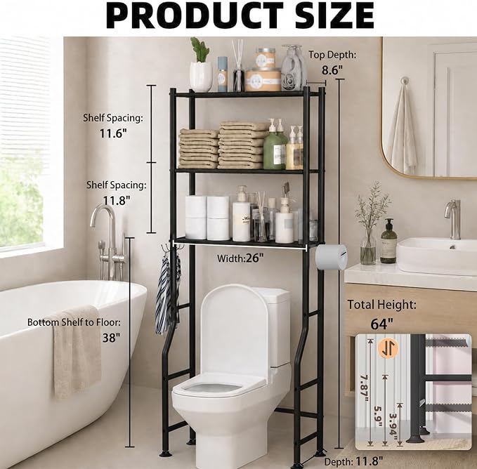 GloTika 3-Tier Over Toilet Storage, 150lb Capacity, Carbon Steel, Freestanding - Image 8
