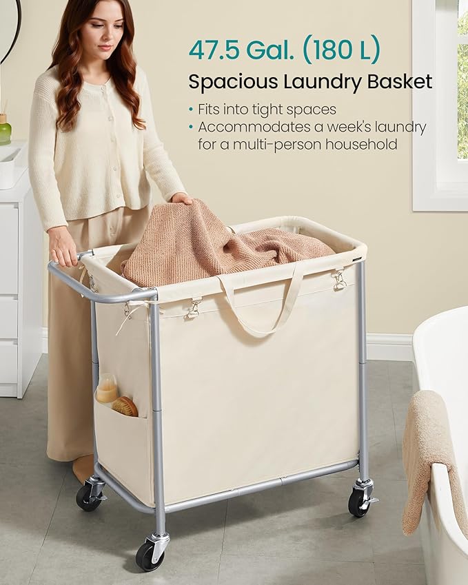SONGMICS Laundry Basket with Wheels, Rolling Laundry Hamper, 47.5 Gallons - Image 3