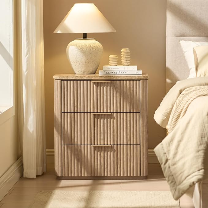 Fluted Nightstand with 3 Drawers, Engineered Wood Bedside Table with Faux - Image 7