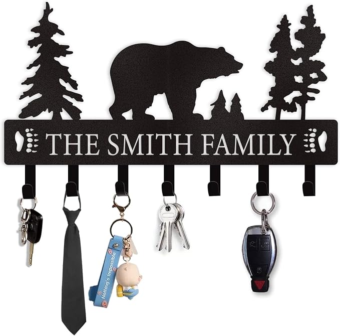 Personalized Key Holder for Wall, Custom Metal Black Bear Coat Hook Key Holder by Dyoart