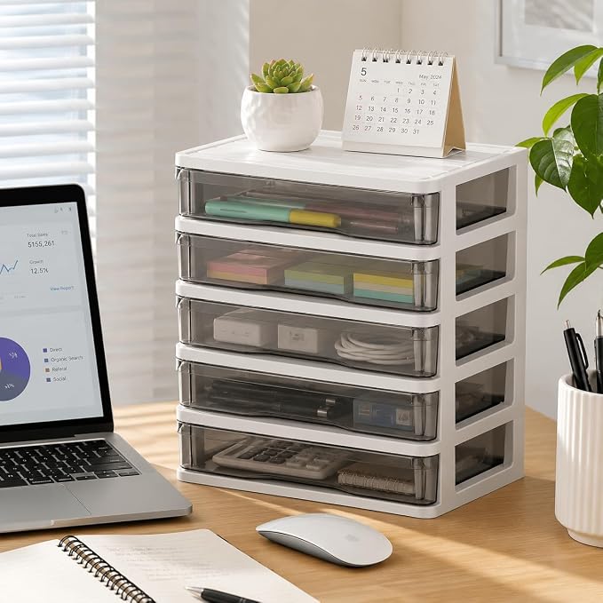 DEAYOU 5 Drawer Desktop Storage Bin Unit, Small Plastic Organizer, Mini - Image 7