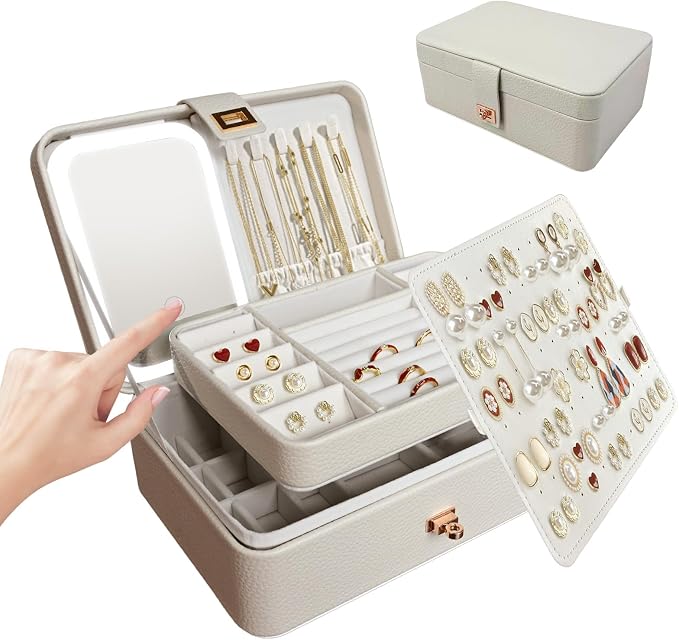 LED Jewelry Box with Mirror- Jewelry Organizer with Movable Compartment Pieces by SavvyMate