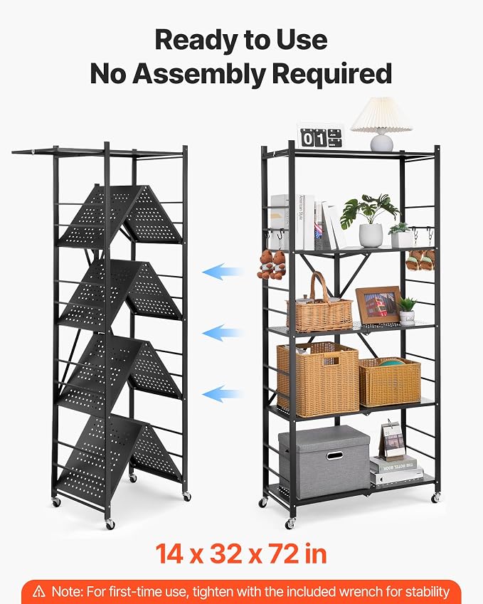 VEVOR 5-Tier Foldable Storage Shelf, 32W x 14D x 72H Inch Folding Metal Rack - Image 4