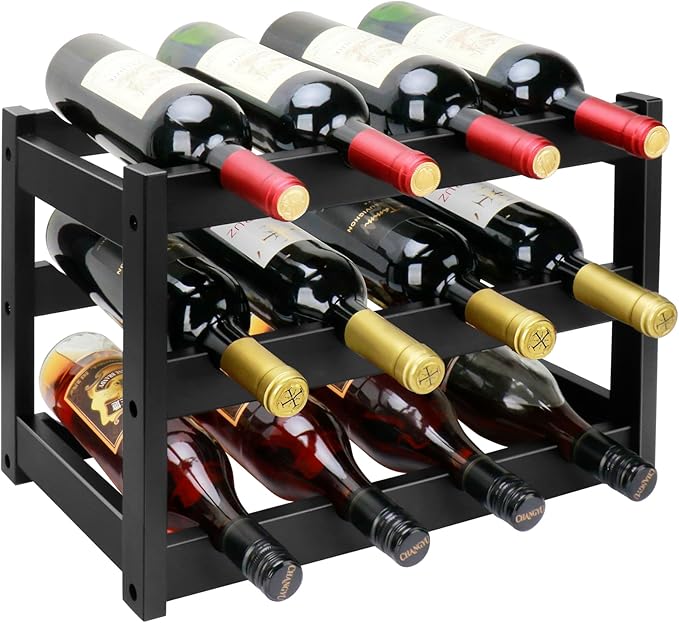 Bamboo Wine Rack, 3-Tier 12 Bottles Wine Storage Cabinet Shelf, Easy-Assembly by Thalomely
