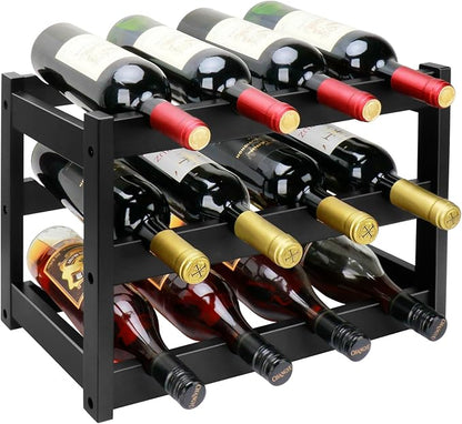 Bamboo Wine Rack, 3-Tier 12 Bottles Wine Storage Cabinet Shelf, Easy-Assembly by Thalomely