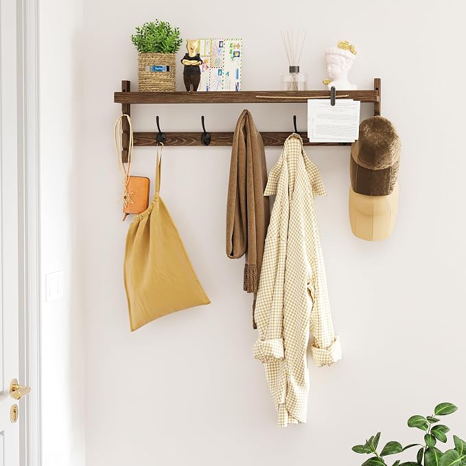 AMBIRD Wall Hooks with Shelf 28.9inch Entryway Wall Hanging Shelf, Wood Coat - Image 3