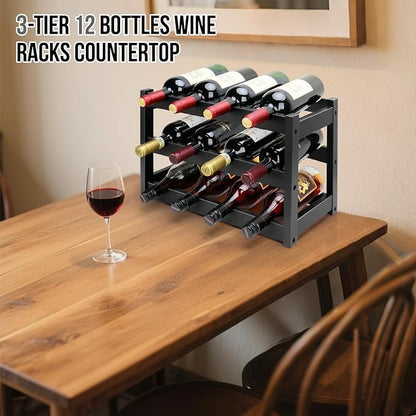 Bamboo Wine Rack, 3-Tier 12 Bottles Wine Storage Cabinet Shelf, Easy-Assembly - Image 2