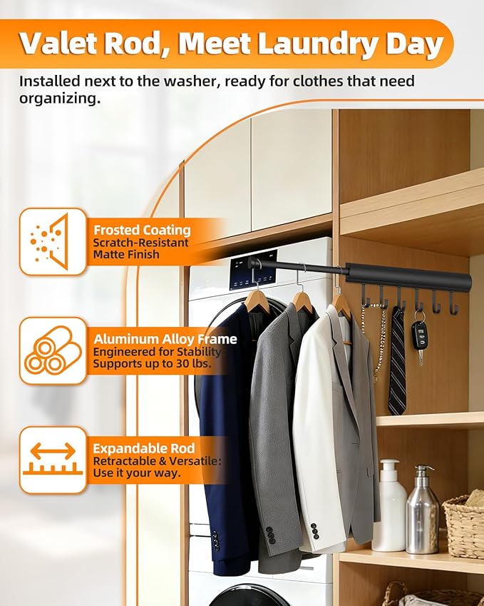 12 Inch Valet Rod for Closets Pull Out, Pull Out Rod For Hanging Clothes And - Image 3