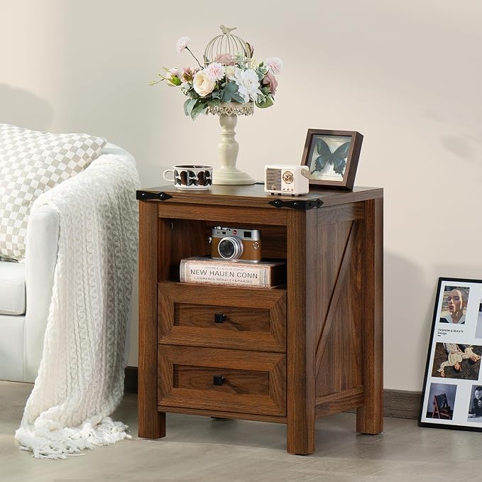 Nightstand with Charging Station and USB Port, Farmhouse Side End Table with 2 - Image 7