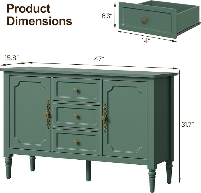 RoyalCraft Buffet Cabinet with Storage, Vintage Sideboard with 2 Doors & 3 - Image 2