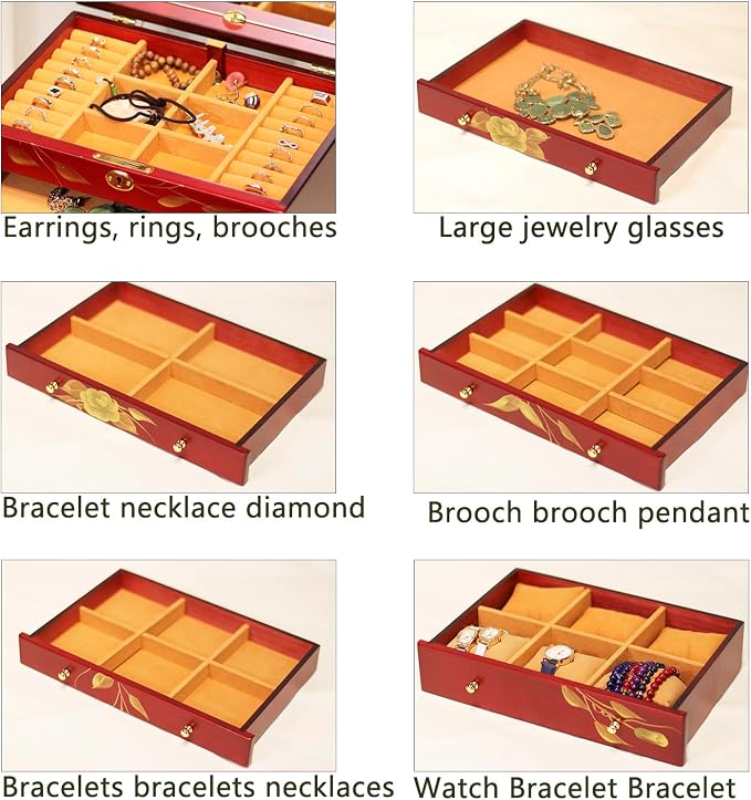 Hand-drawn rose wood jewelry box 6-Layer Jewelry Organizer - Image 6