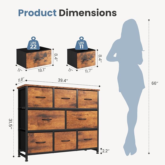 DUMOS Wide Dresser with 8 Fabric Drawers and Wood Top, Bedroom Storage Unit - Image 3