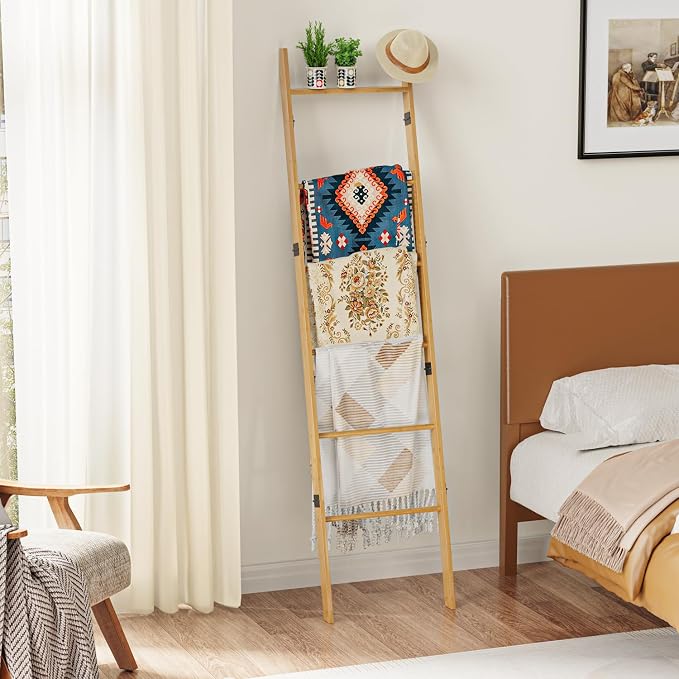 BAMBANG 6-Tier Blanket Ladder for Living Room, Blanket Quilt Ladder Rack Rustic - Image 2