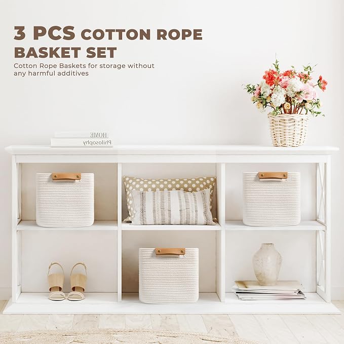 danpinera Set of 3 11 Inch Storage Baskets, Cube Storage Bins, Square Cotton - Image 3