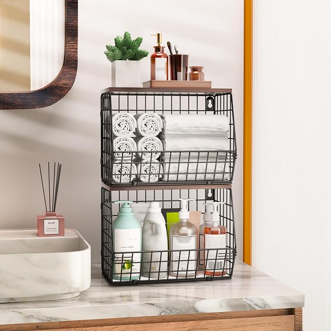 Wawocs Fruit Basket for Kitchen Counter 2 Tier Fruit Bowl, Stackable Wall - Image 5