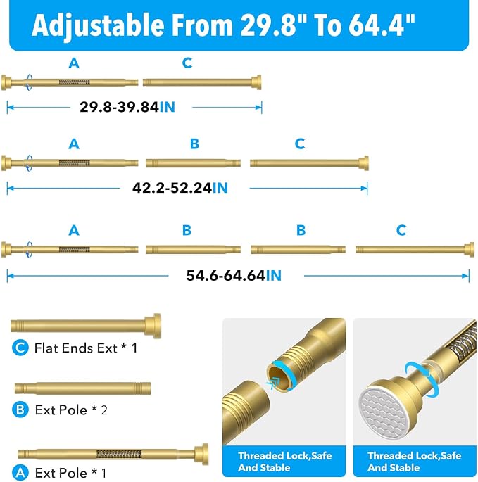 Shower Curtain Rod Gold Tension Rod 36 to 63 Inch Spring Curtain Rod Shower rod - Image 4