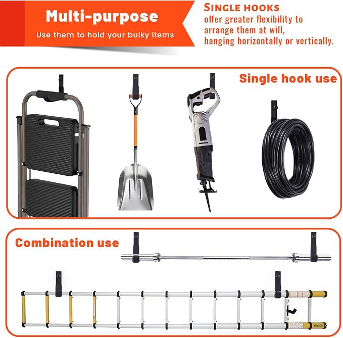8 Pack Garage Storage Hooks, Ladder Hangers, Steel Wall Mount Hooks, Utility - Image 2