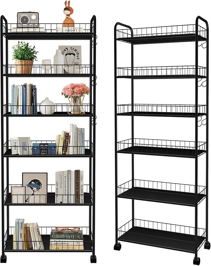 6-Tier Slim Storage Cart with Wheels, 10in Wide Black Narrow Rolling Shelf by RUOZTEOO