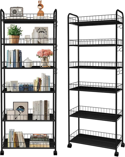 6-Tier Slim Storage Cart with Wheels, 10in Wide Black Narrow Rolling Shelf by RUOZTEOO