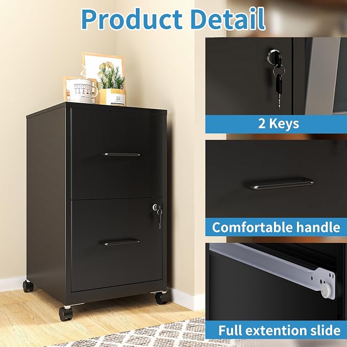 2 Drawer File Cabinet with Lock, Small Rolling Metal Office Storage Mobile - Image 5